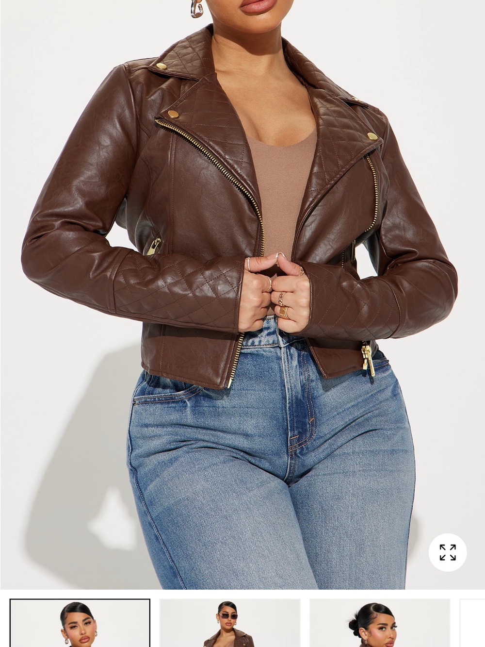 Fashion Nova Chocolate Brown Quilted Faux Leather Moto Jacket
